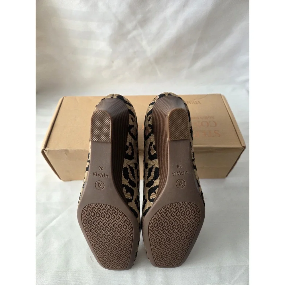 Vivaia Leopard Print Knit Square Toe Wedge Pumps Tan Black New Size 38 US 7‎